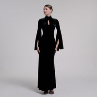 Black High Neck Flared Sleeve Velvet Dress