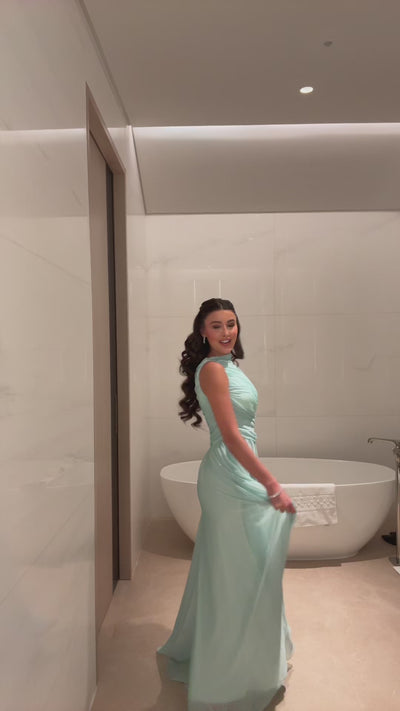 Turquoise One Shoulder Draped Chiffon Maxi Dress – shopaleena