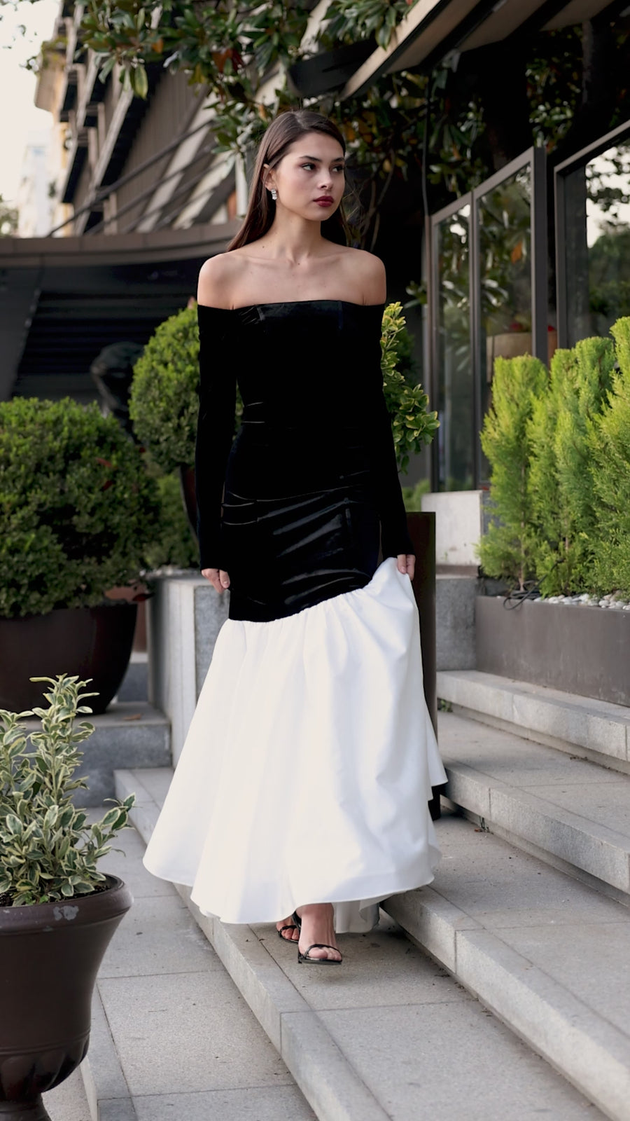 Black Velvet Off Shoulder Maxi Dress with White Ruffles