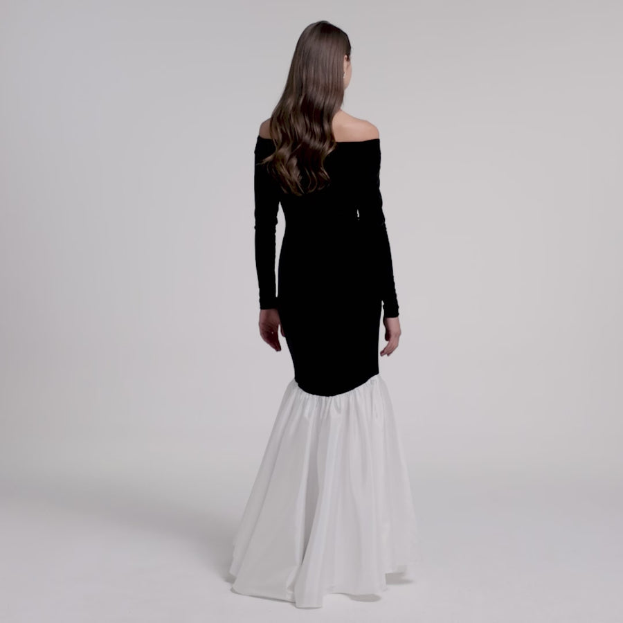 Black Velvet Off Shoulder Maxi Dress with White Ruffles