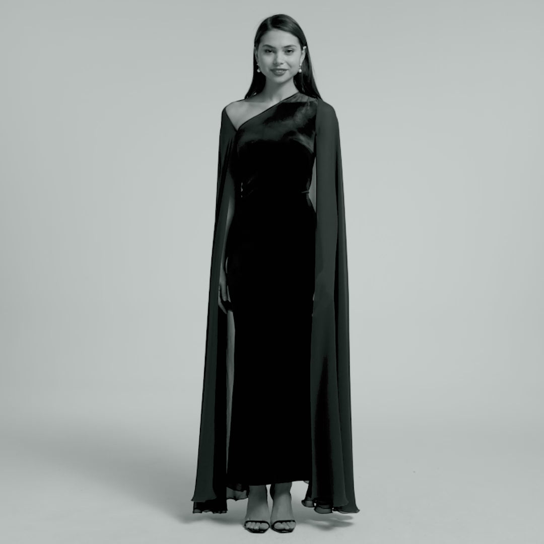 Velvet Maxi Dress with Chiffon Cape | فستان ماكسي مخمل بكاب شيفون