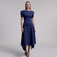 Fitted Waist Flared Twill Midi Dress