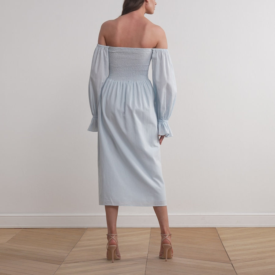 Smocked-Bodice Poet-Sleeve Midi Dress in Linen Cotton Blend