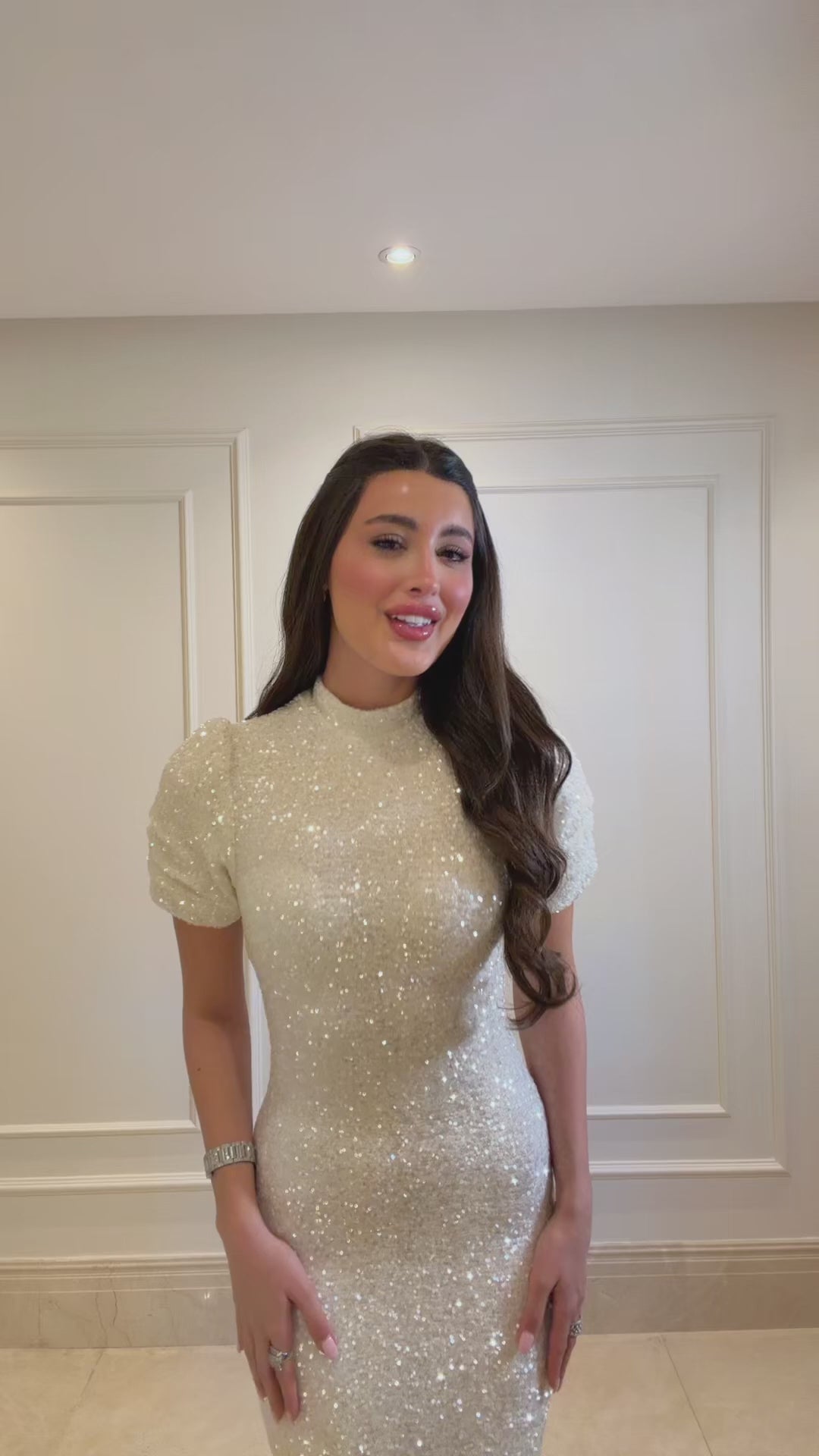 white sequin puff sleeve dress White Sequin Maxi Dress - Puff Sleeve Dress - Column Maxi Dress