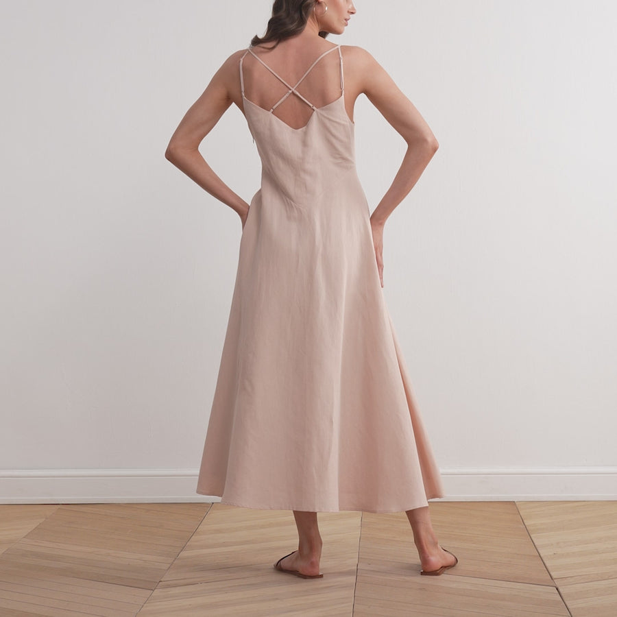 Sleeveless V-neck Fitted Waist Cotton Blended Midi Dress