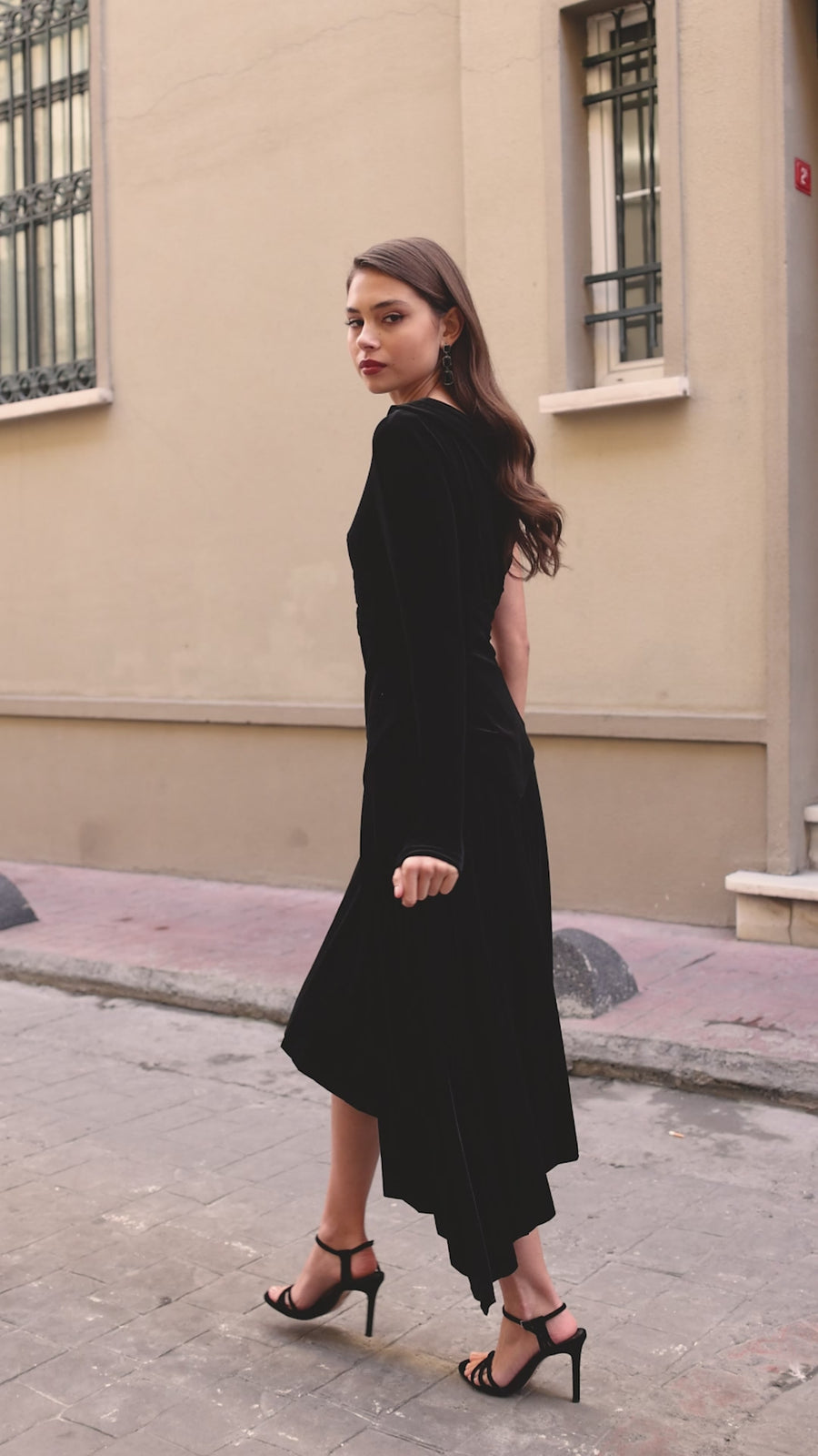 One-Shoulder Velvet Dress with Asymmetric Hemline