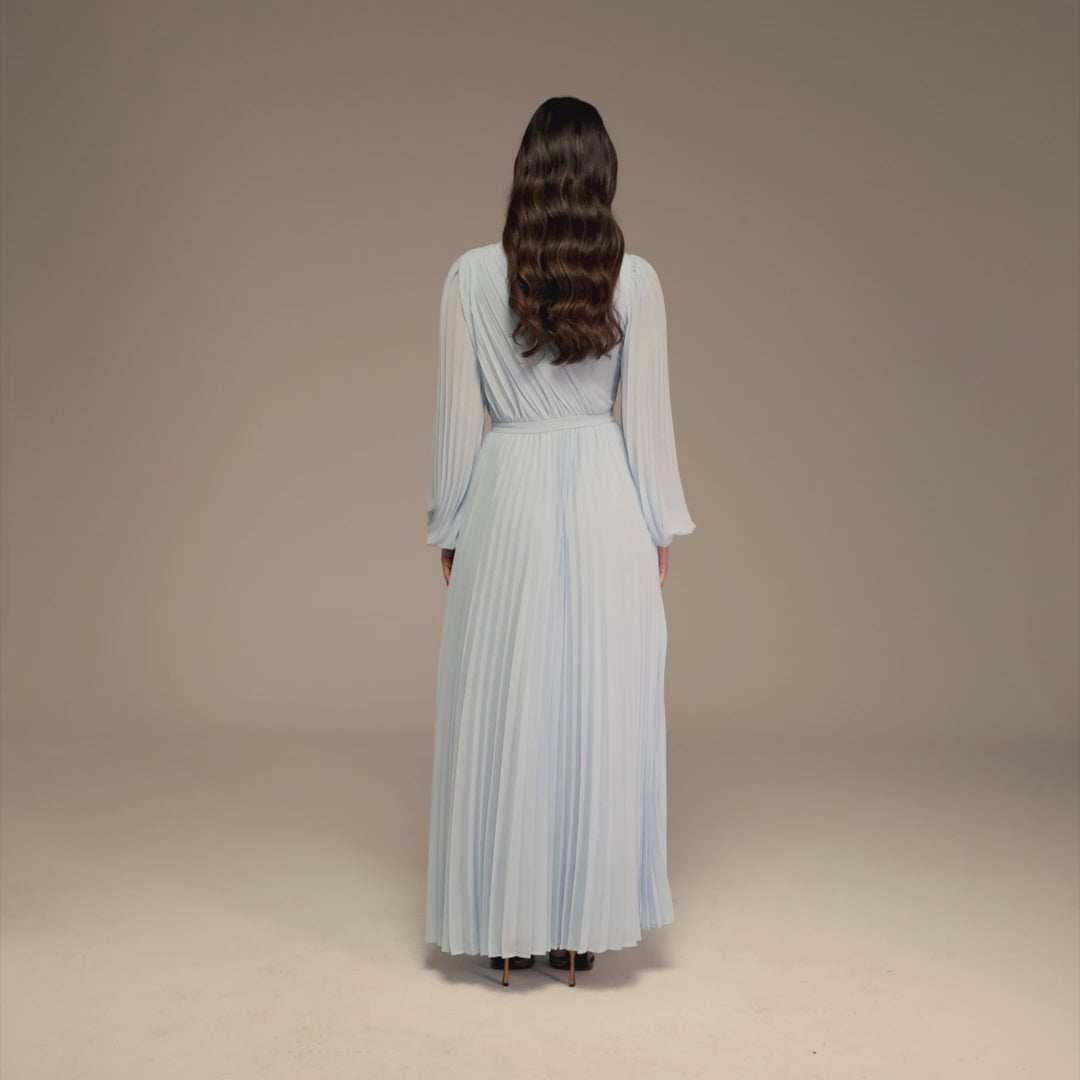 Light Blue Pleated Long Sleeve Maxi Dress – shopaleena