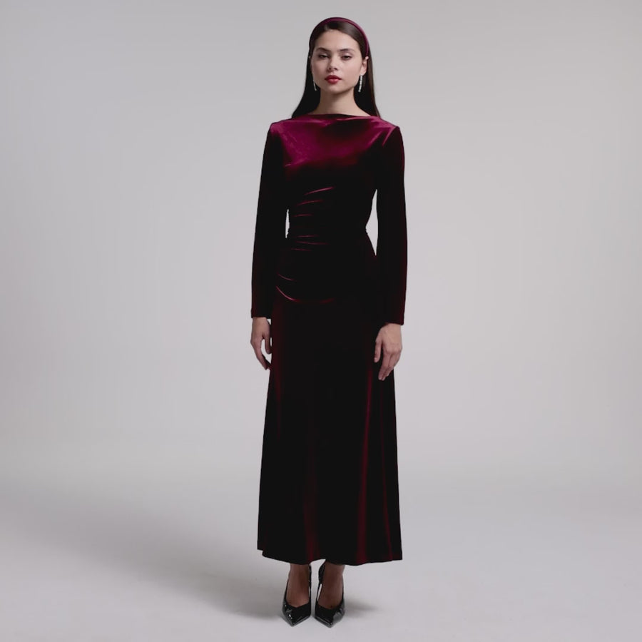 Ruched Velvet Long Sleeve Midi Dress