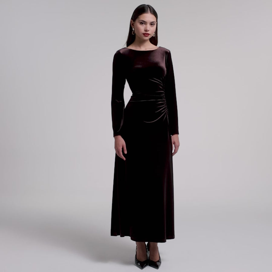 Ruched Velvet Long Sleeve Midi Dress