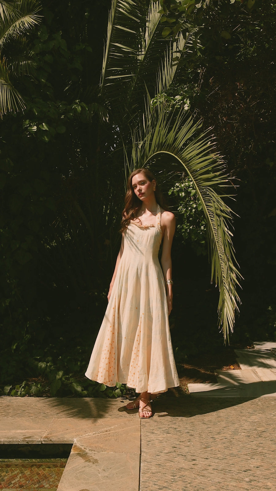 Light Yellow Floral print halter neck dress