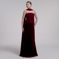 Burgundy Velvet-Chiffon Strapless Gown with Draped Scarf