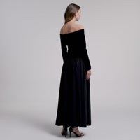 Velvet-Taffeta Off Shoulder A-line Dress