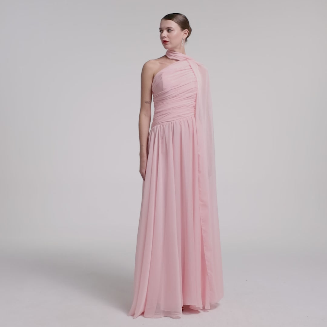 Pink Drapped Long One Shoulder Dress | فستان وردي طويل بكتف
