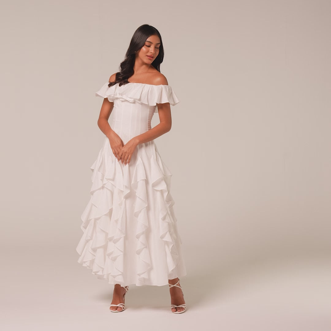long white ruffle dress Ruffled - Ruffled Midi Dress - Tiered Column Dress 33.0 CARE Hand Wash Cold ZARA NWT WOMAN SS25 RUFFLED