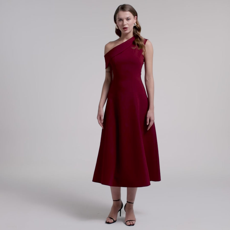 Burgundy Crepe One-Shoulder A-Line Dress