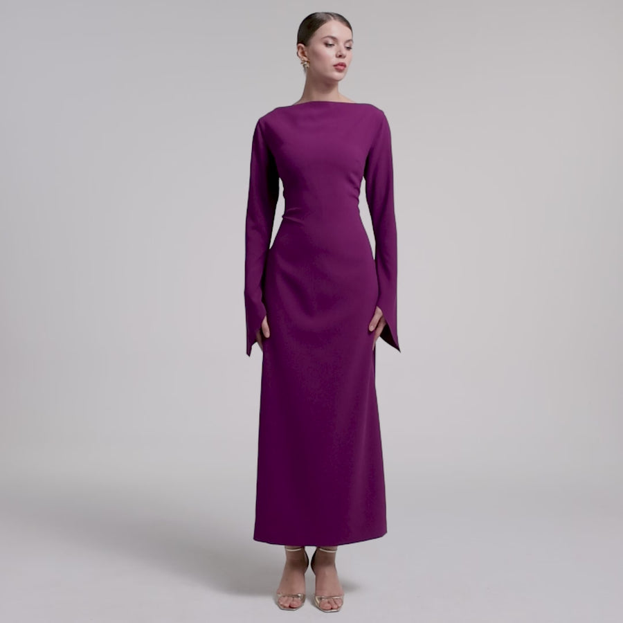 Purple Flared Long Sleeve Maxi Dress