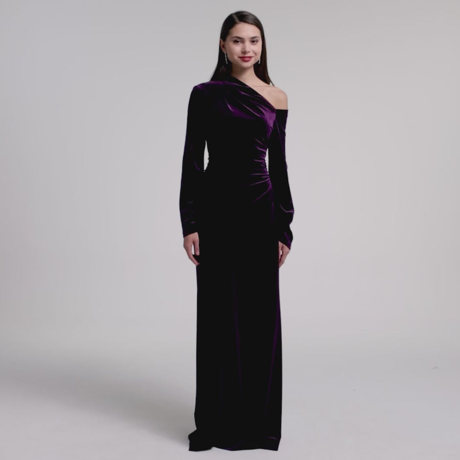 Purple Velvet Bare Shoulder Maxi Dress