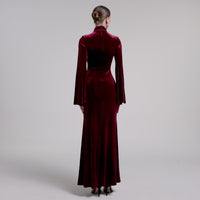 Burgundy High Neck Flared Sleeve Velvet Dress