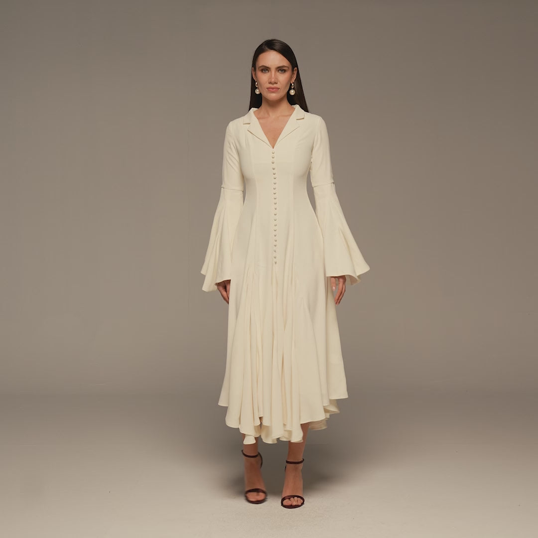Ivory Lapel Neck Button-Front Crepe Dress – shopaleena