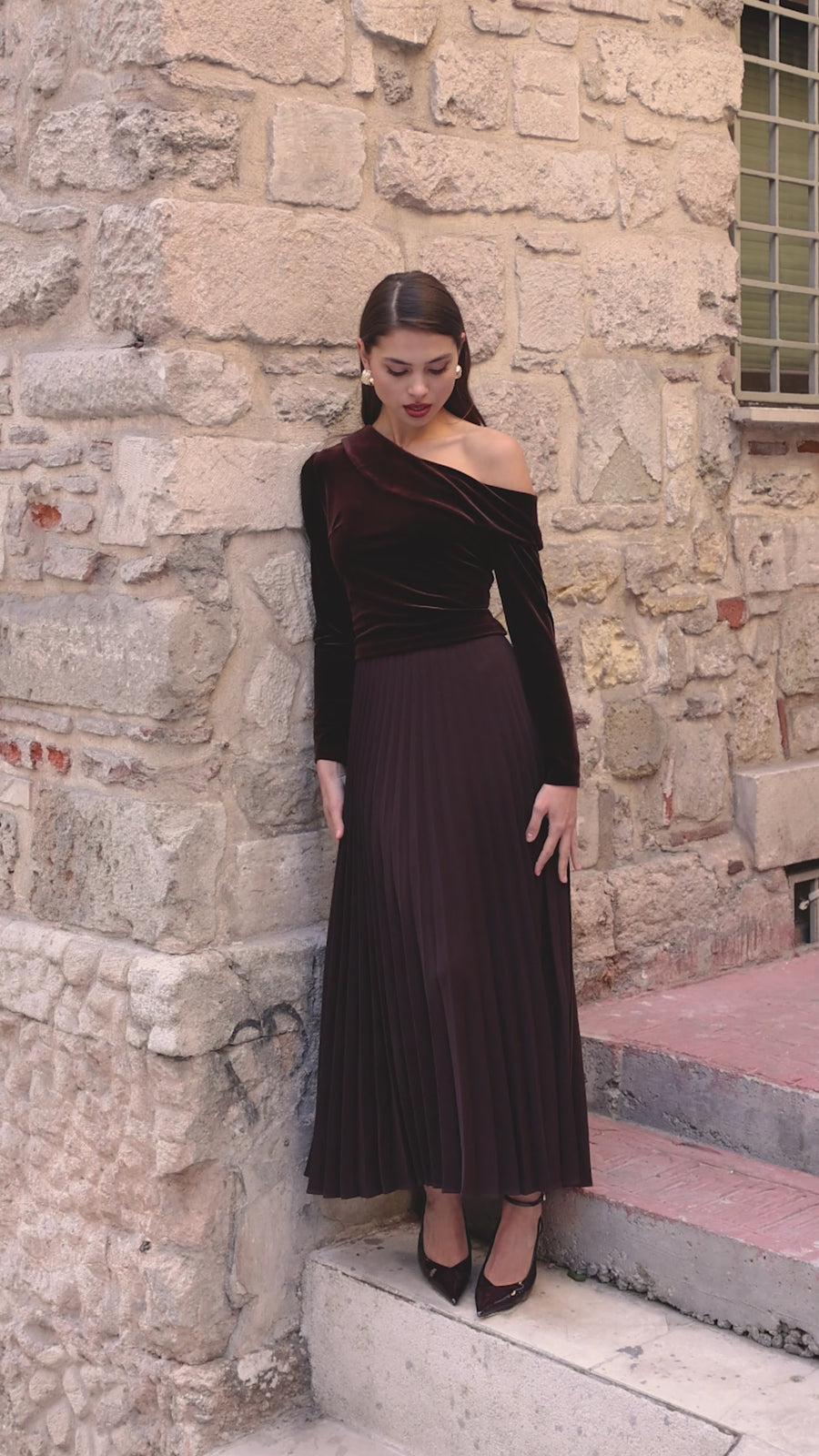 Off Shoulder Long Sleeve Velvet Maxi Dress