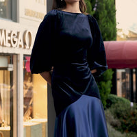 Velvet-Satin Balloon Sleeve Midi Dress