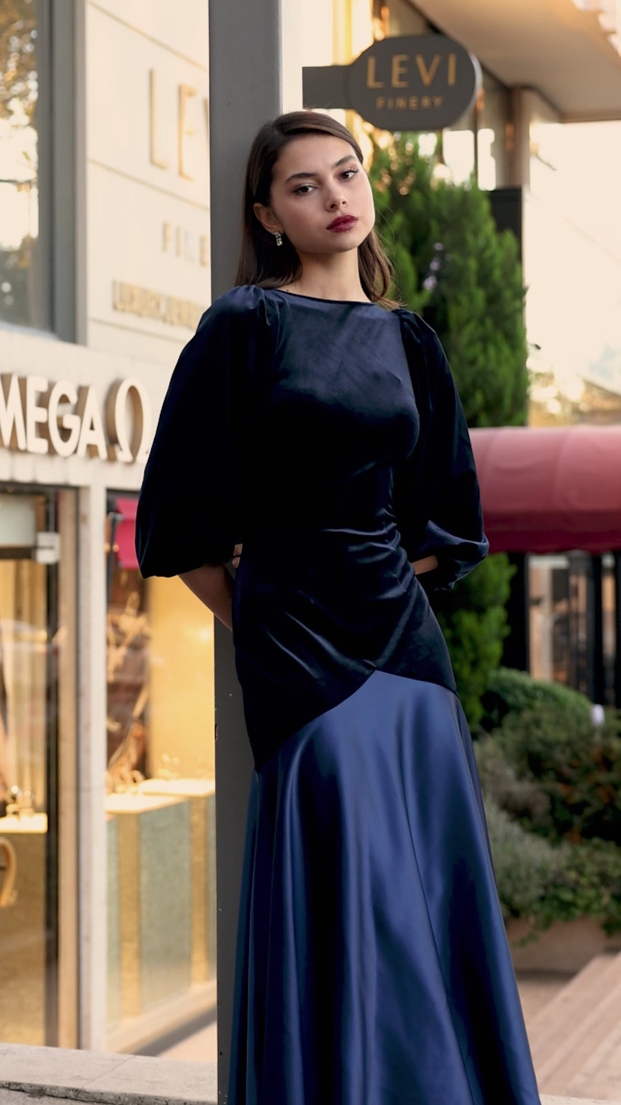 Velvet-Satin Balloon Sleeve Midi Dress