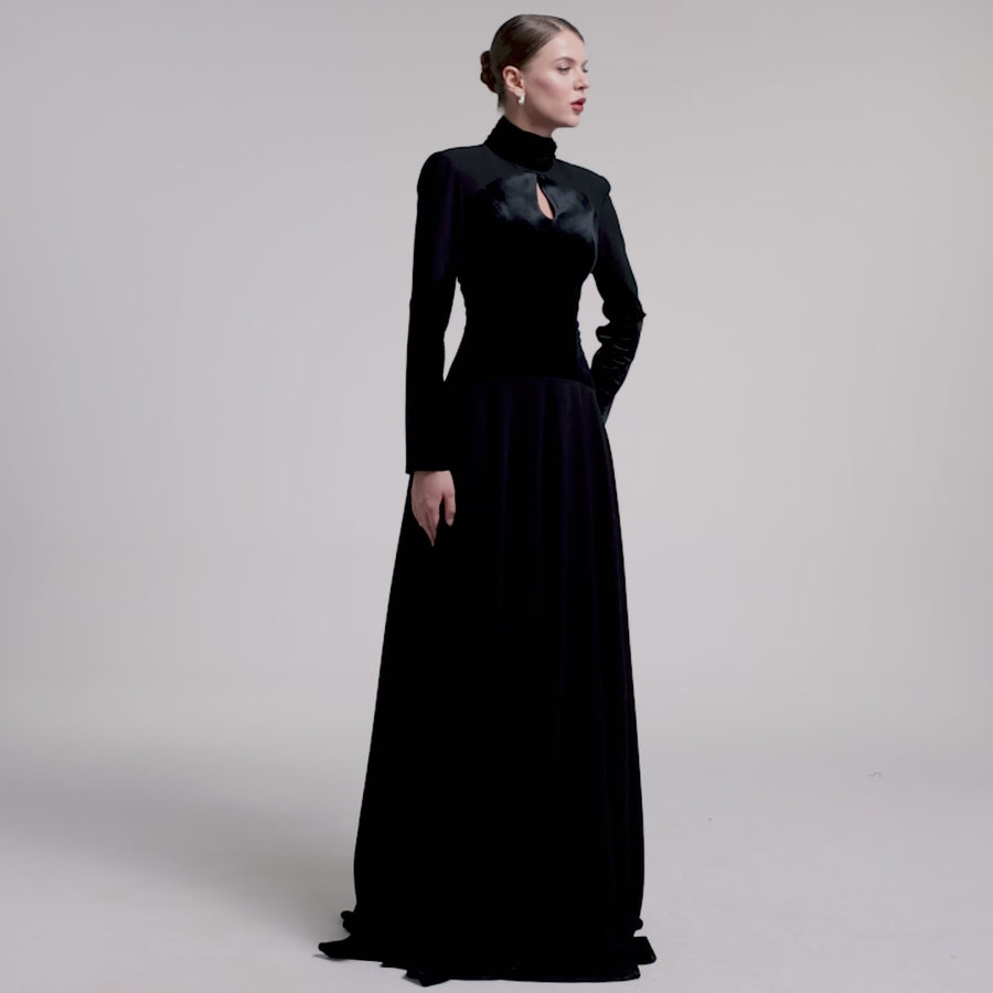 Black Velvet-Crepe Maxi Dress with Pleated Skirt