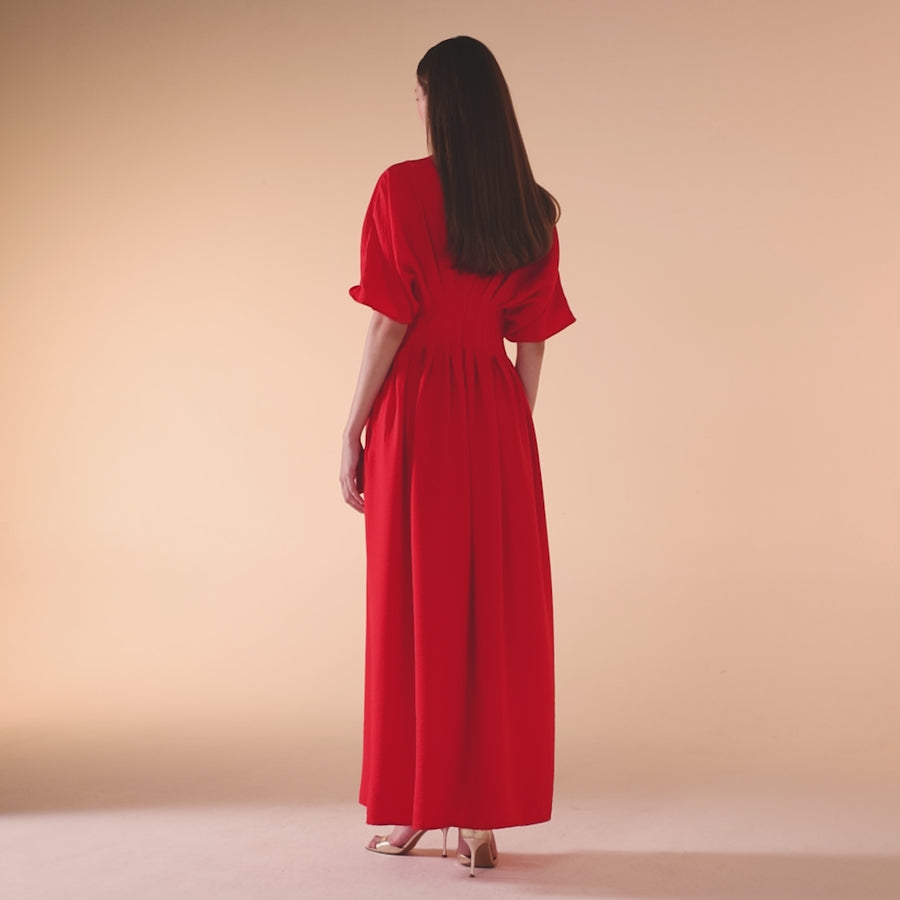 Red Ruched Waist Viscose Dress