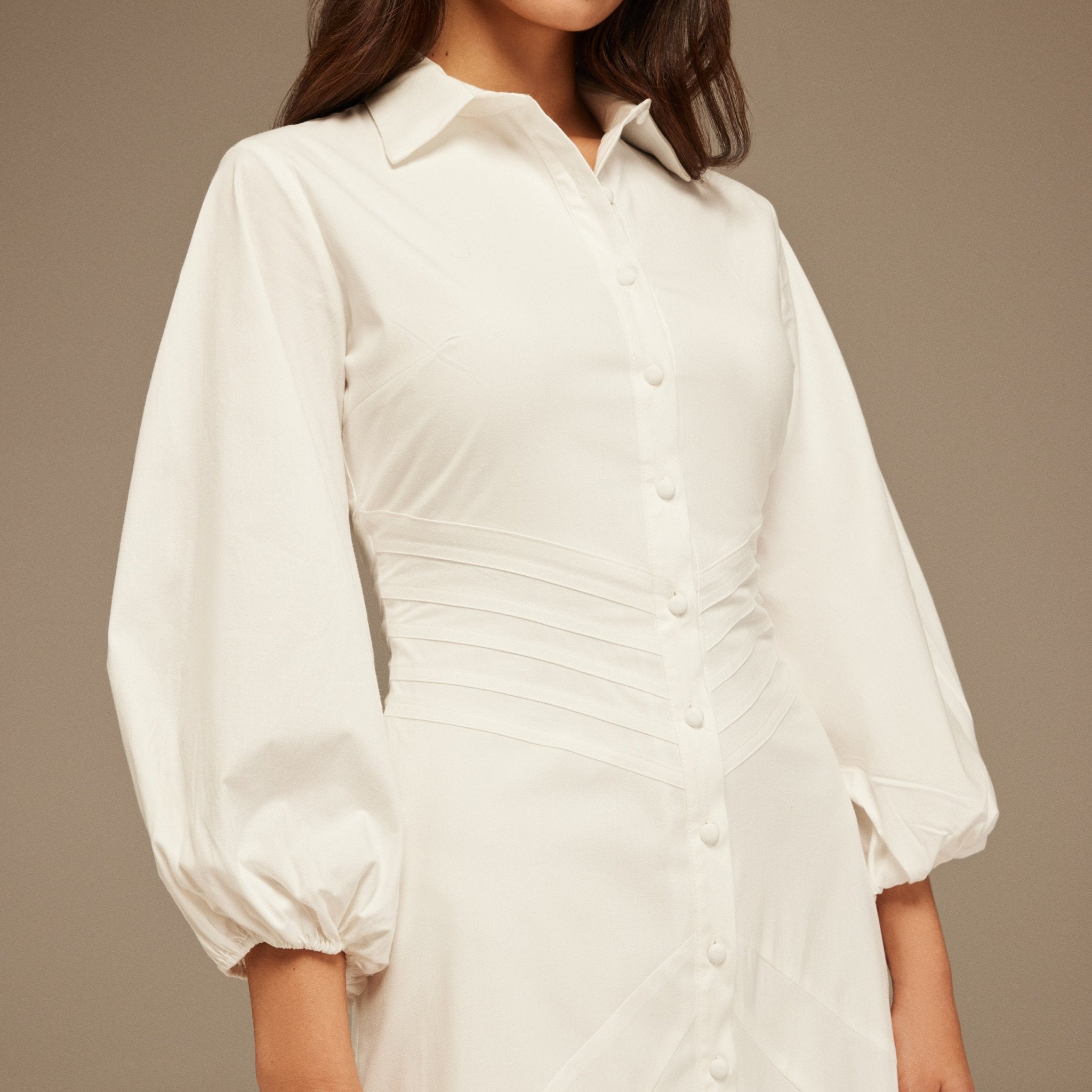 Puff Long Sleeves Stitched Waist Poplin Dress - shopaleena