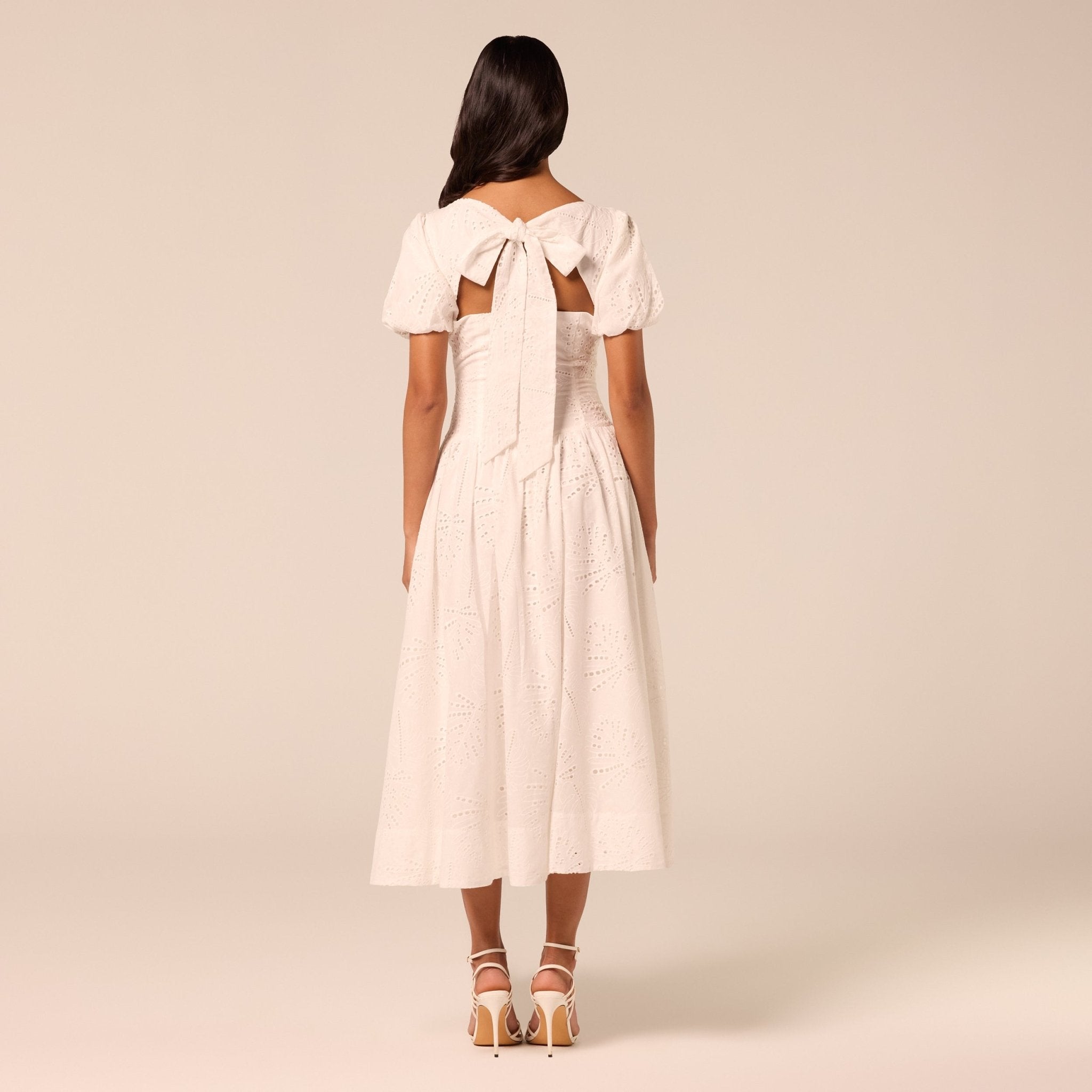 Puff Sleeve A-line Lace Midi Dress - shopaleena