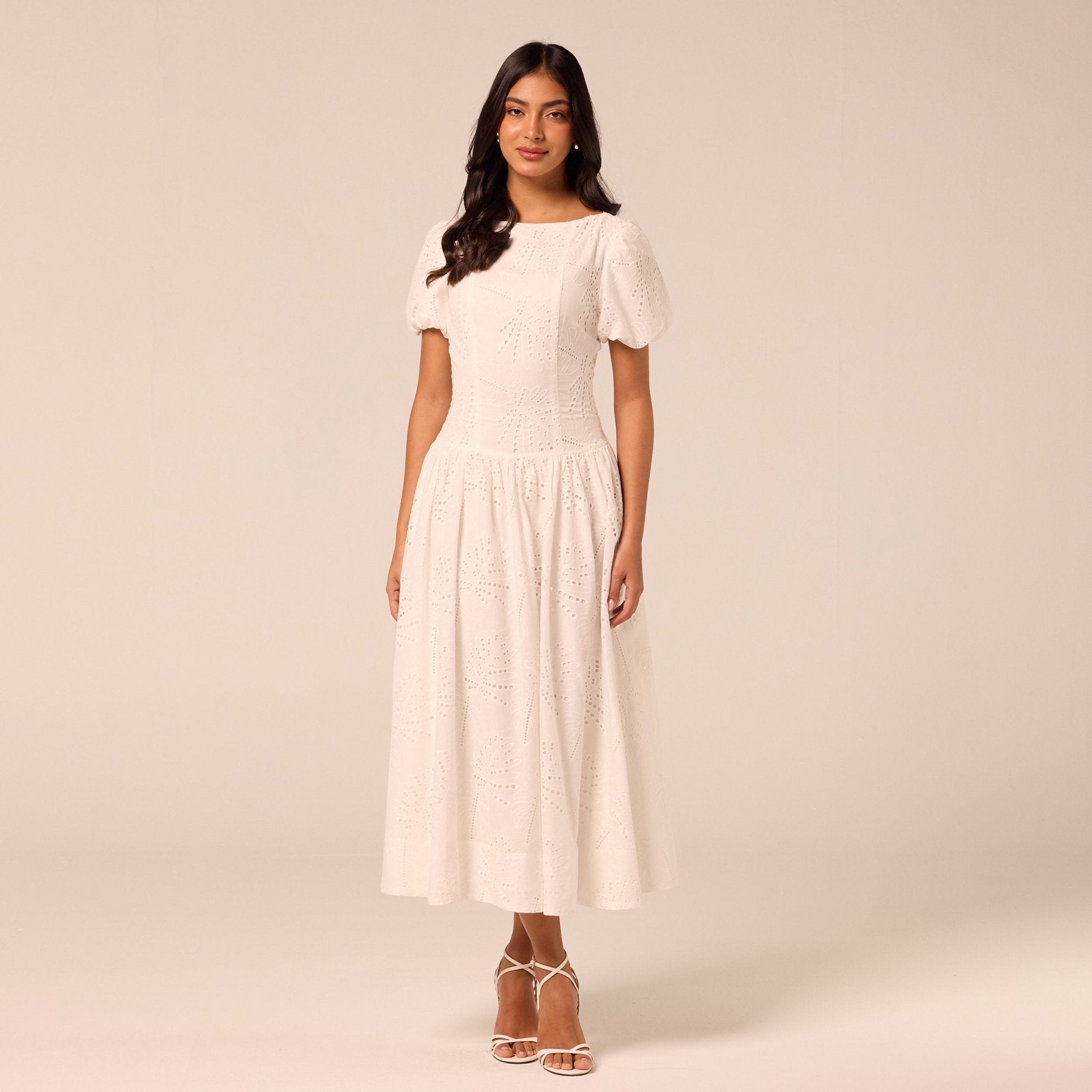 Puff Sleeve A-line Lace Midi Dress - shopaleena