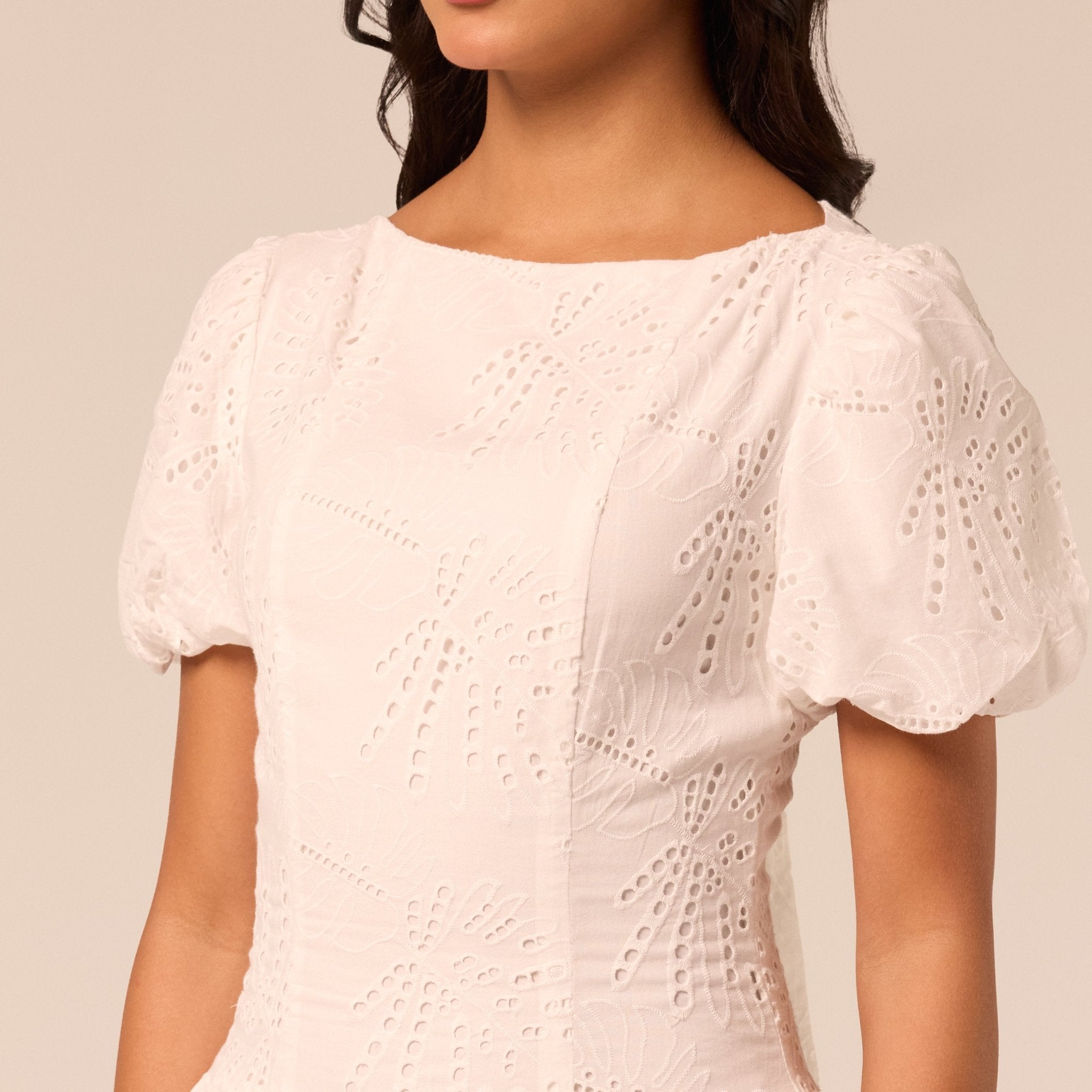 Puff Sleeve A-line Lace Midi Dress - shopaleena