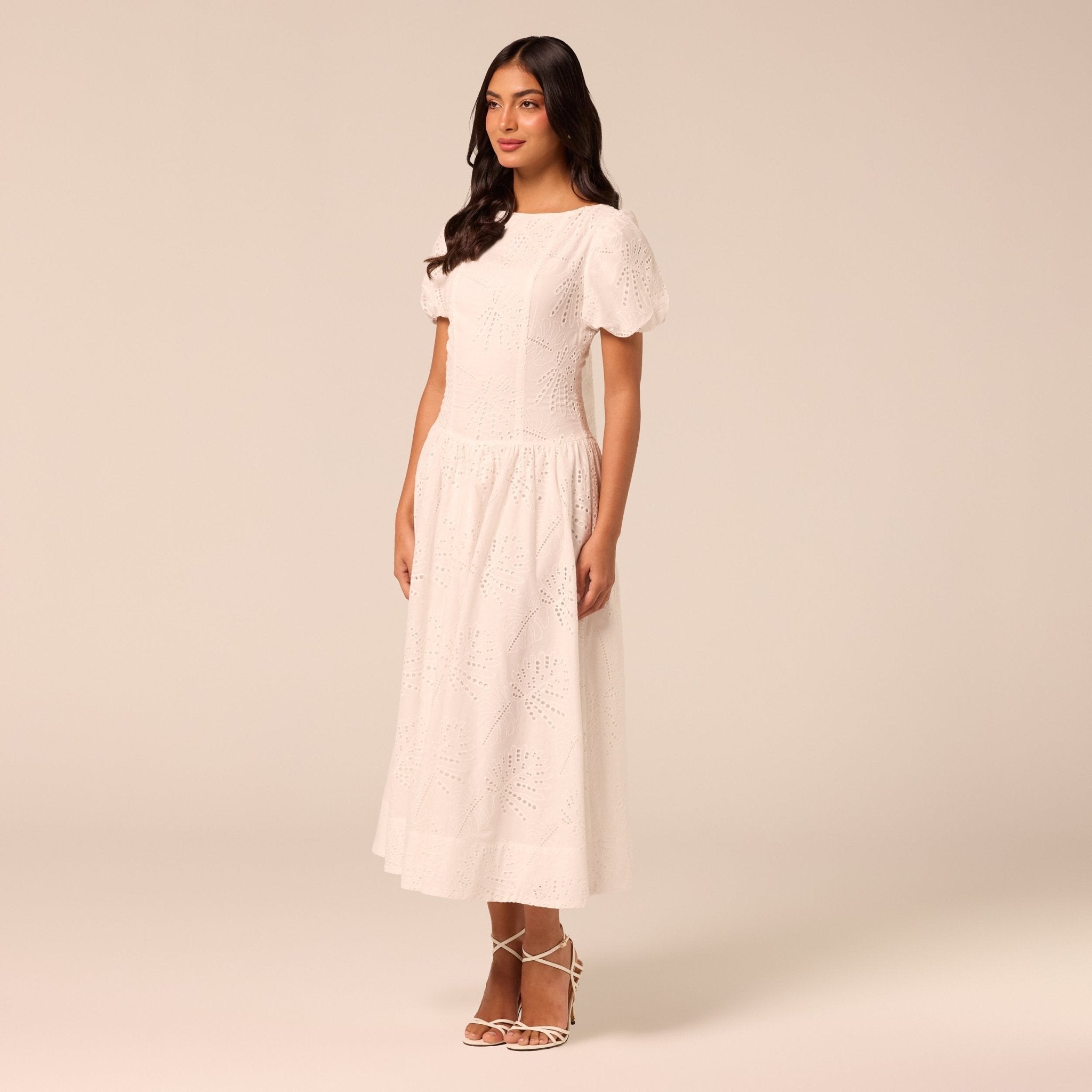 Puff Sleeve A-line Lace Midi Dress - shopaleena
