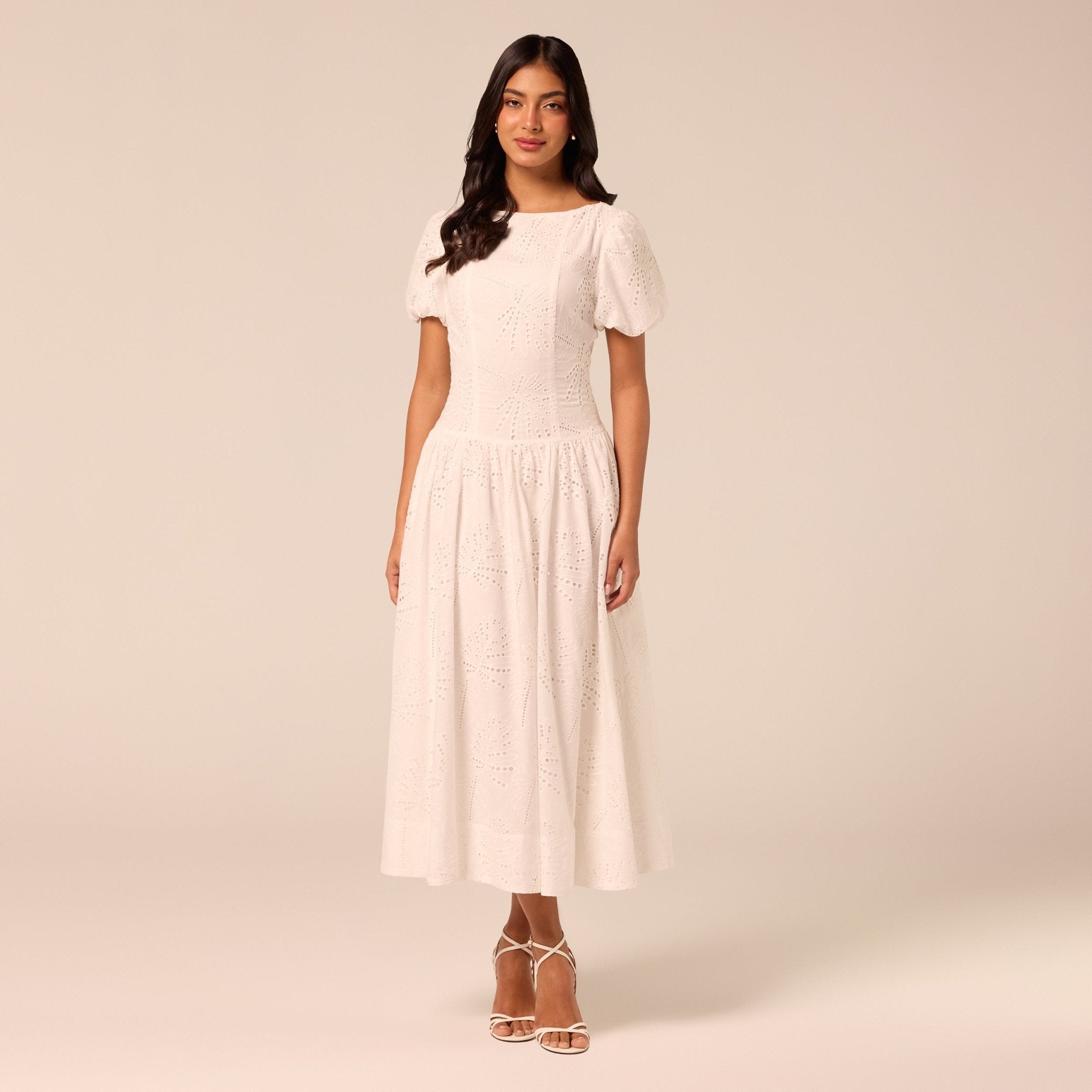 Puff Sleeve A-line Lace Midi Dress - shopaleena
