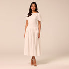 Puff Sleeve A-line Lace Midi Dress - shopaleena