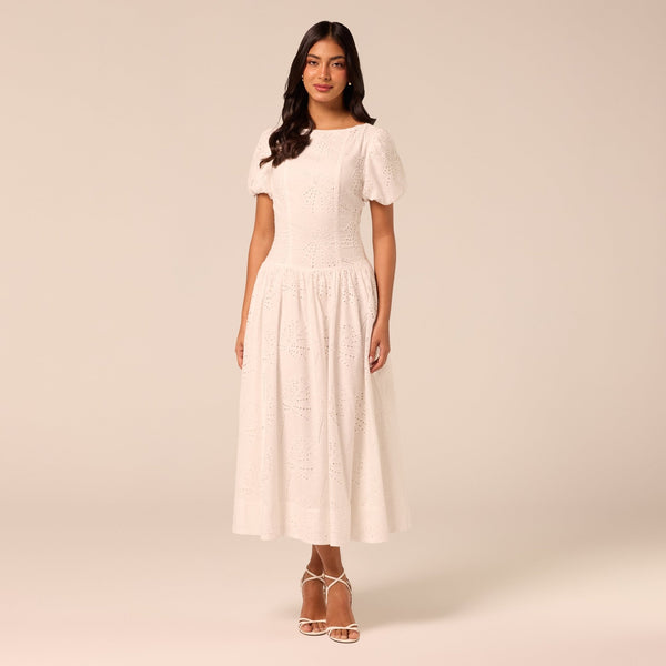 Puff Sleeve A-line Lace Midi Dress – shopaleena
