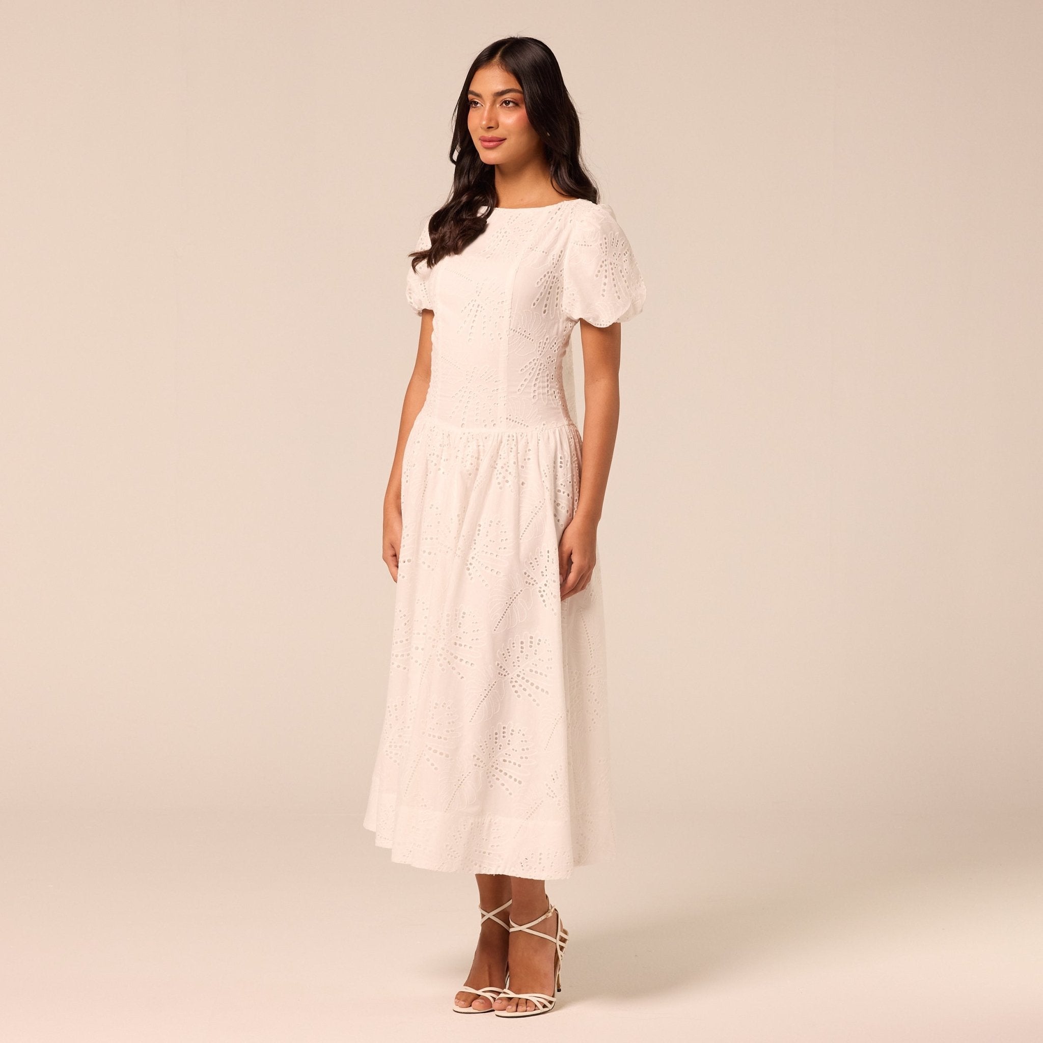 Puff Sleeve A-line Lace Midi Dress - shopaleena