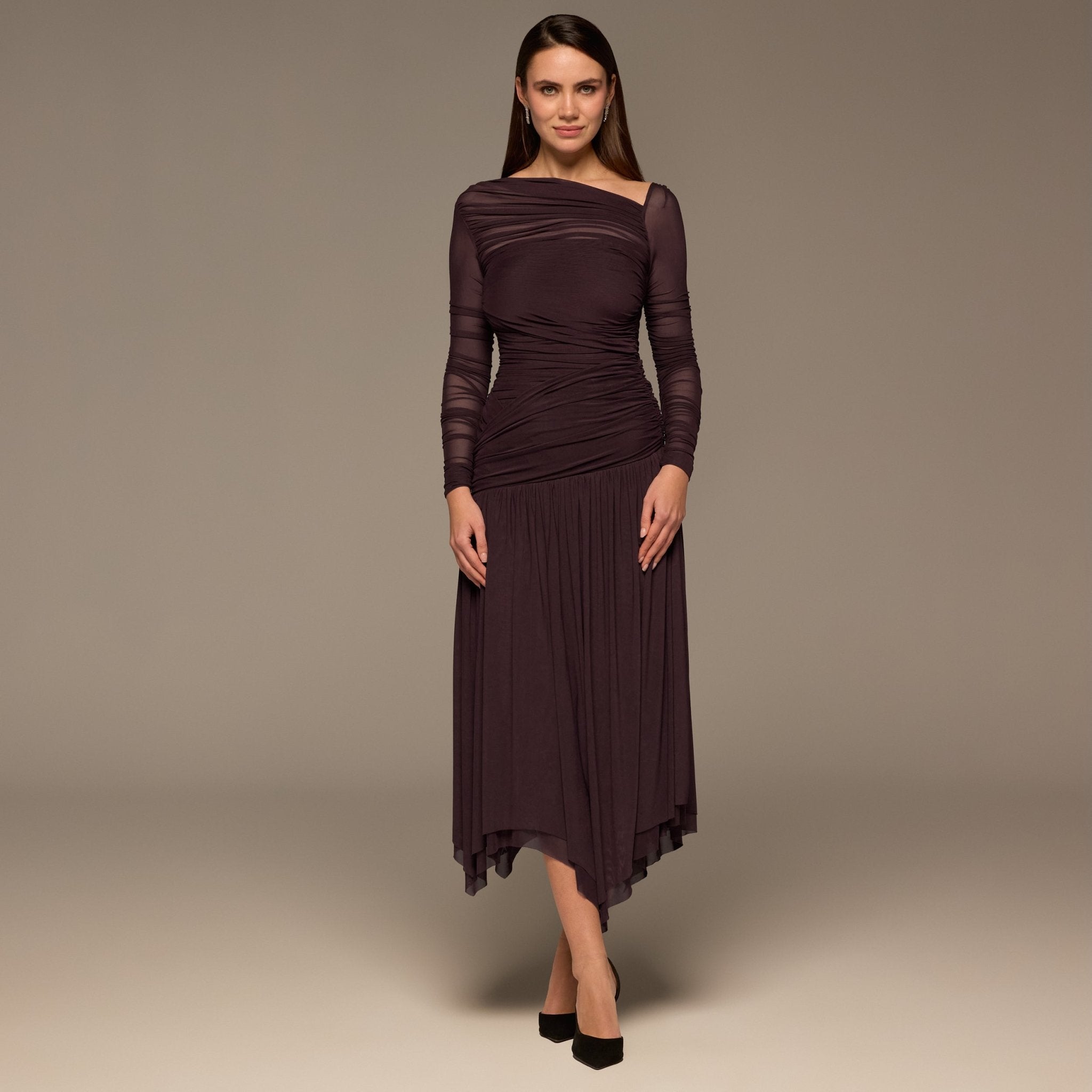 Purple Asymmetric Ruched Tulle Maxi Dress - shopaleena