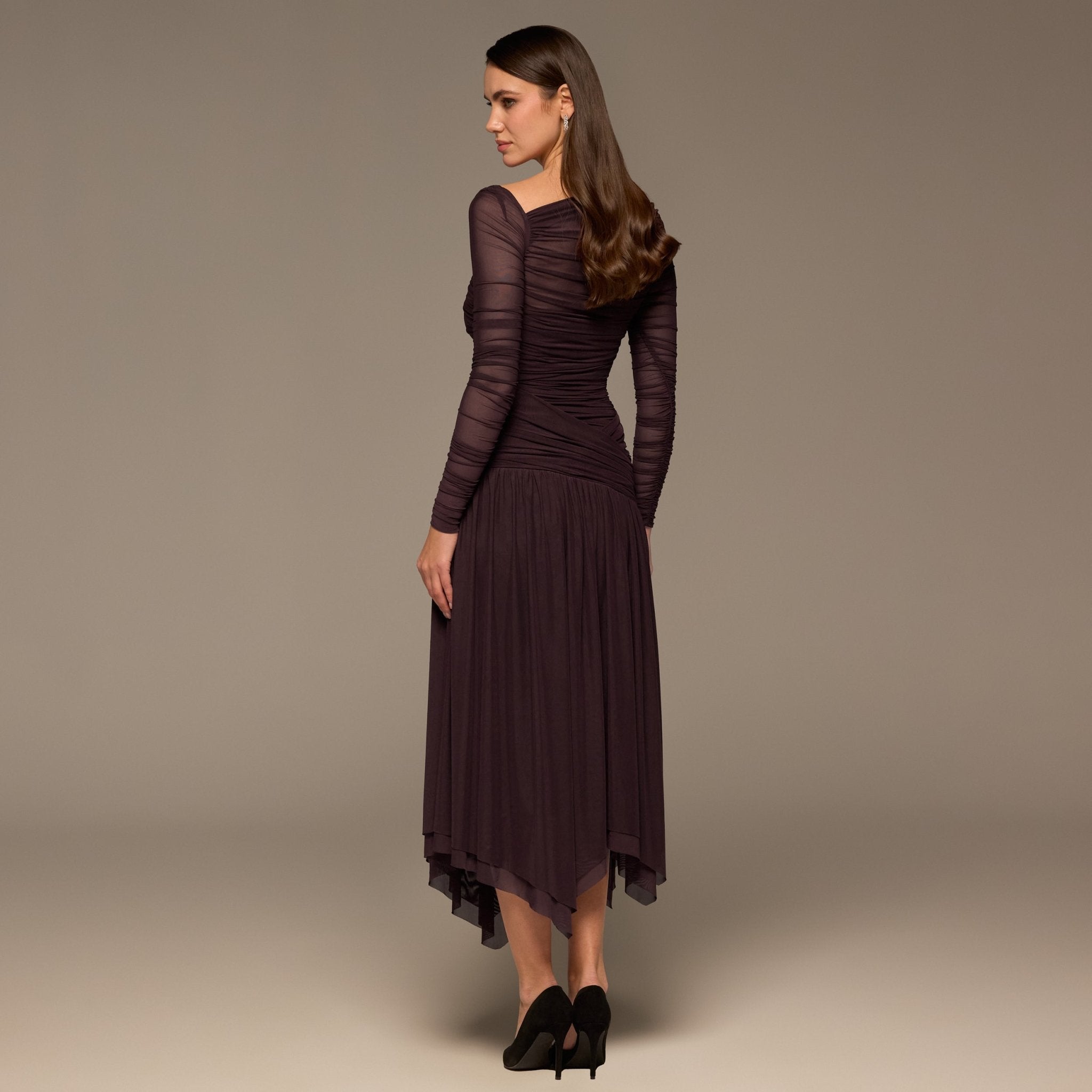 Purple Asymmetric Ruched Tulle Maxi Dress - shopaleena