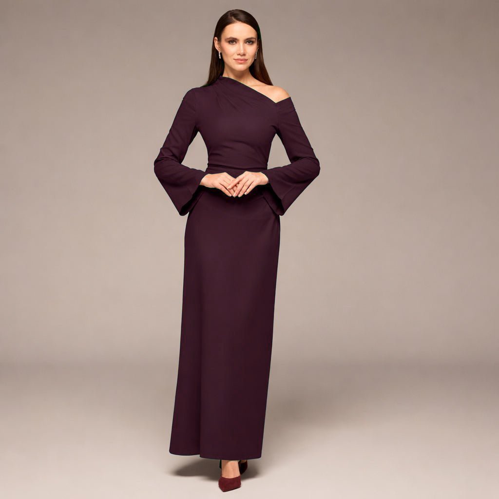 Purple Bare shoulder Crepe Maxi Dress - shopaleena