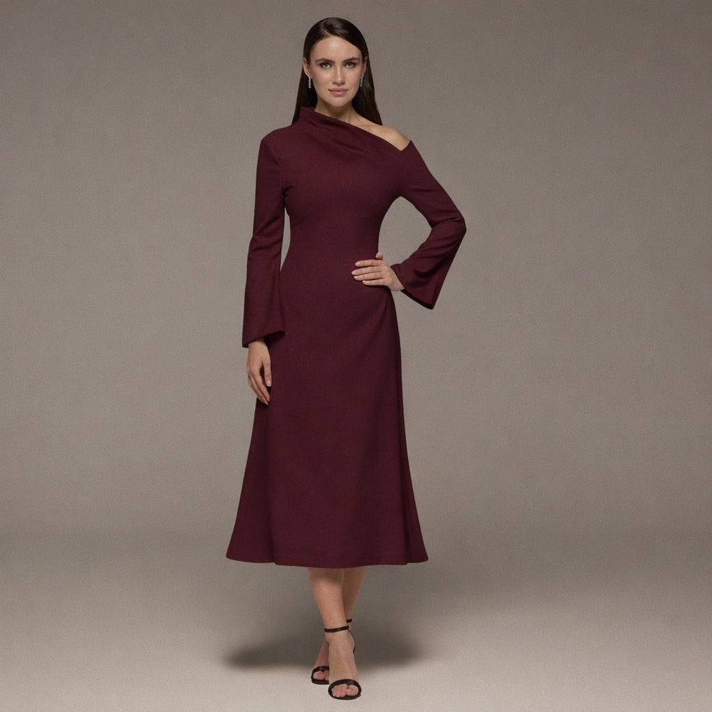 Purple Bare Shoulder Crepe Midi Dress - shopaleena