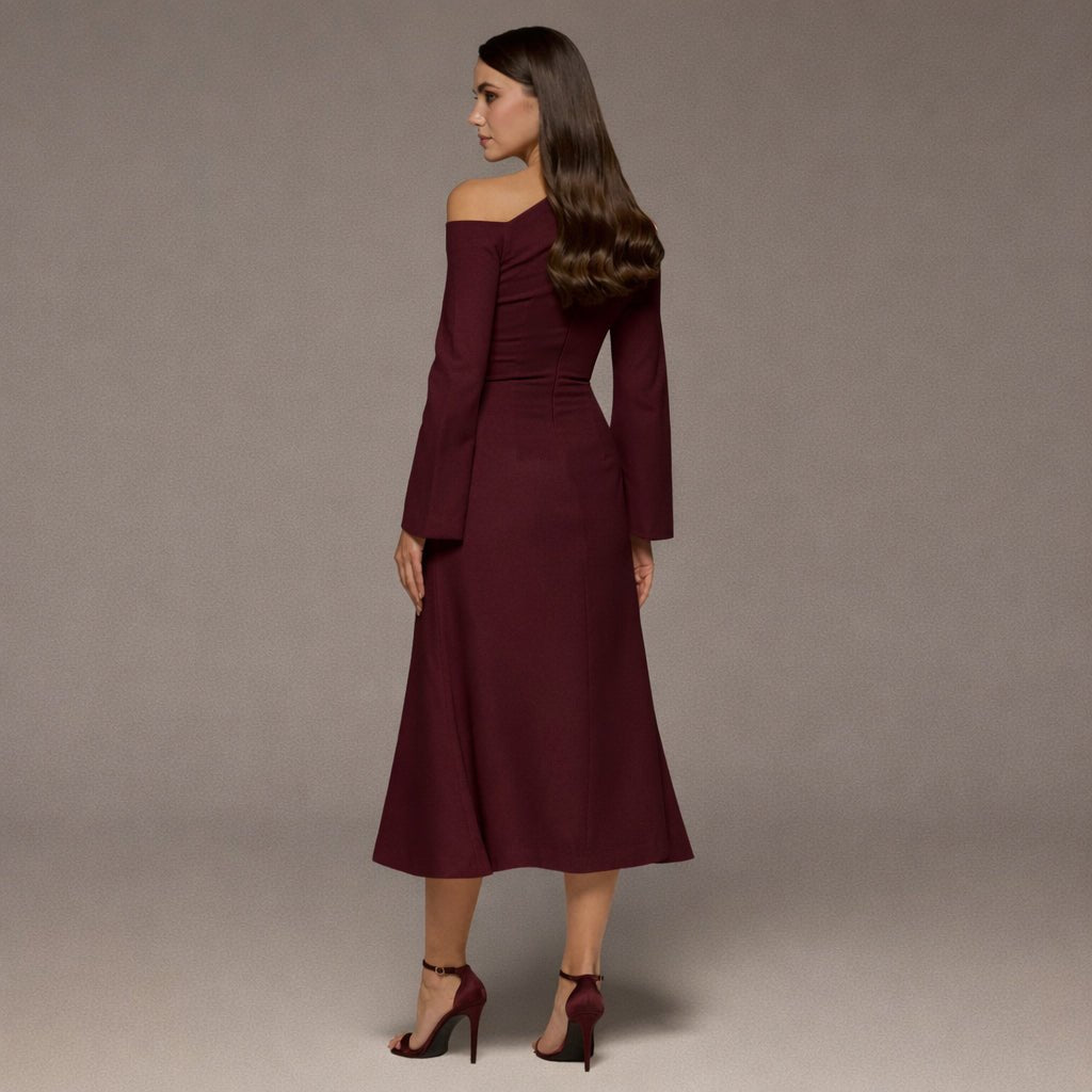 Purple Bare Shoulder Crepe Midi Dress - shopaleena