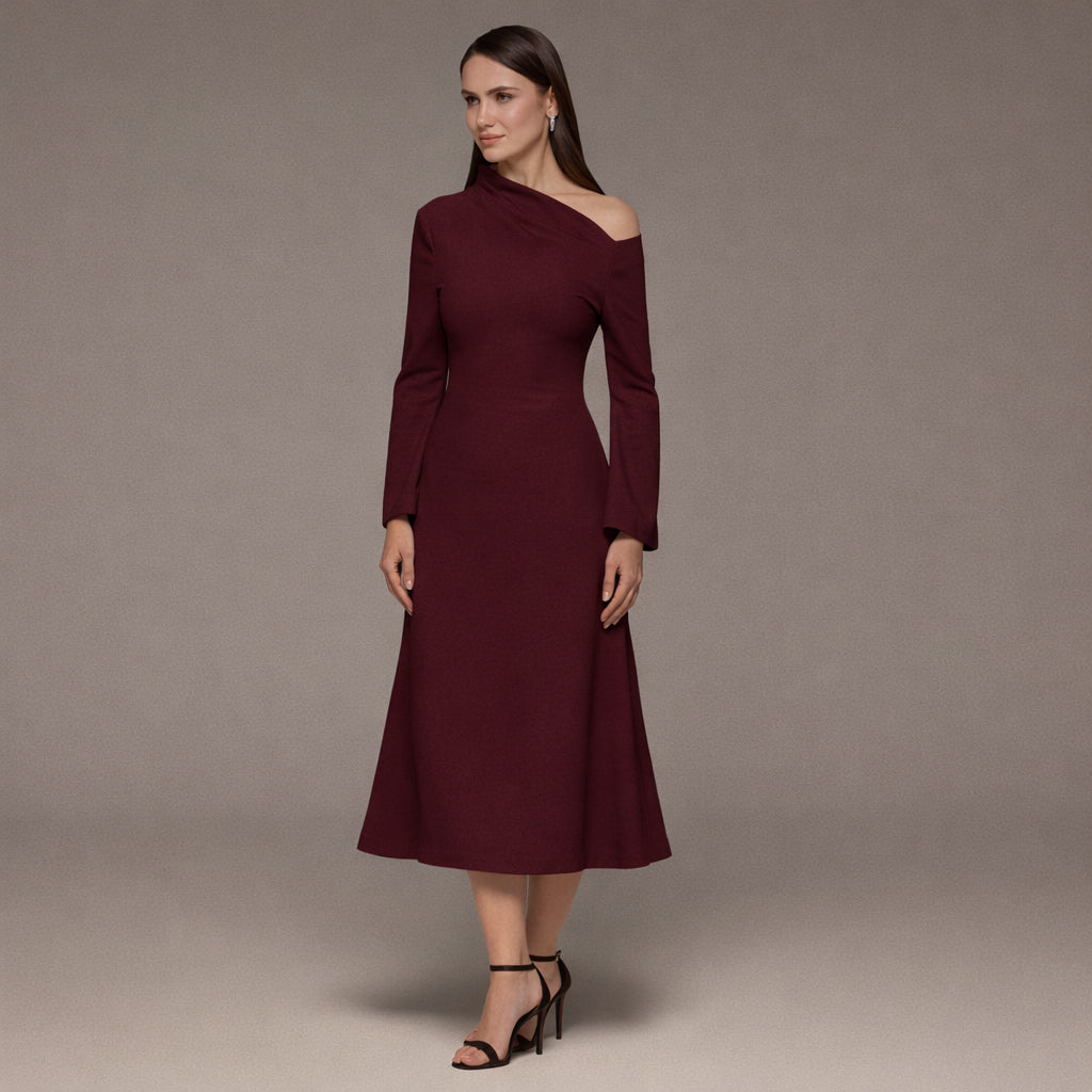 Purple Bare Shoulder Crepe Midi Dress - shopaleena