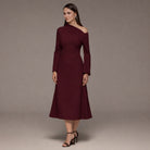 Purple Bare Shoulder Crepe Midi Dress - shopaleena