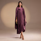 Purple Cape Pleated Satin Midi Dress - shopaleena