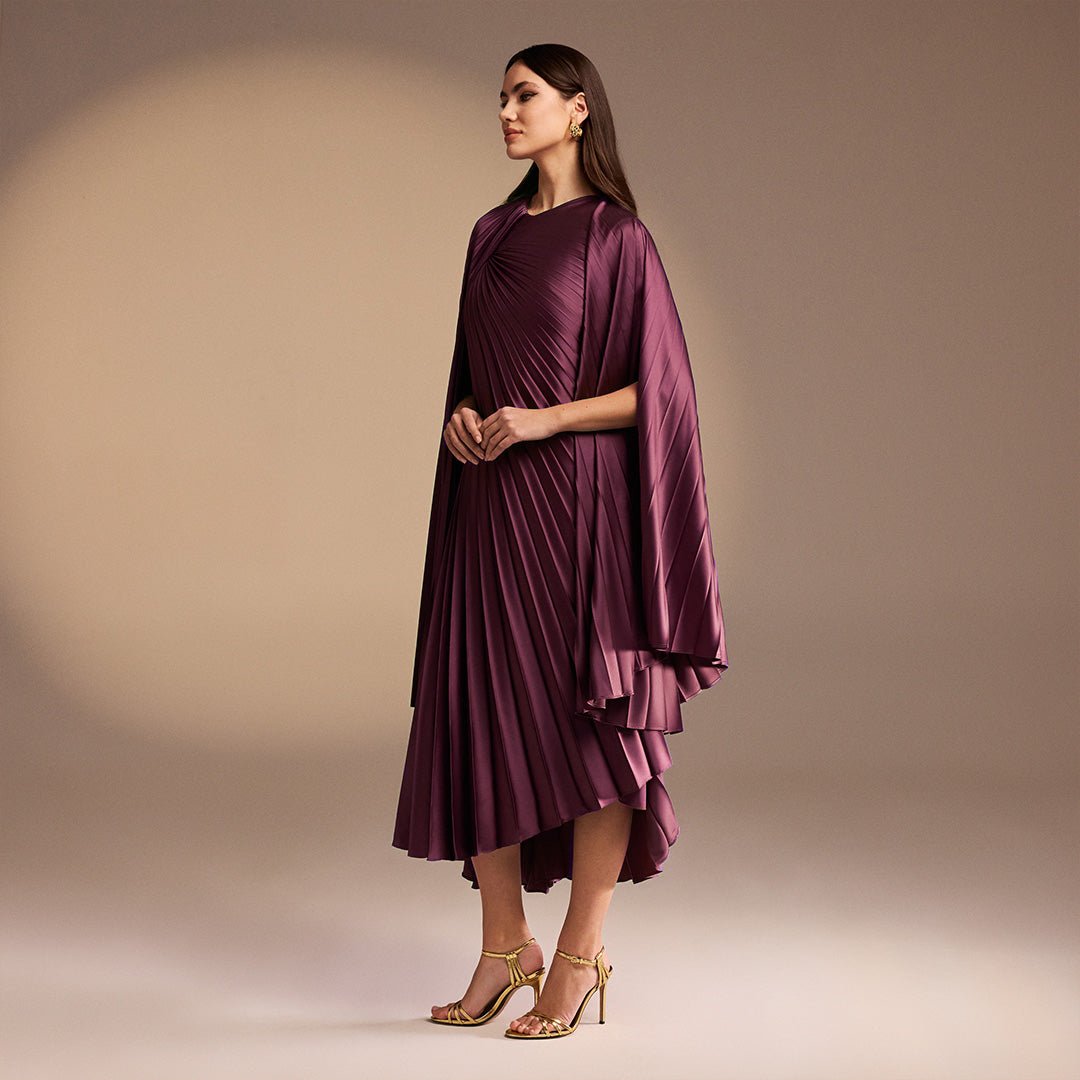 Purple Cape Pleated Satin Midi Dress - shopaleena