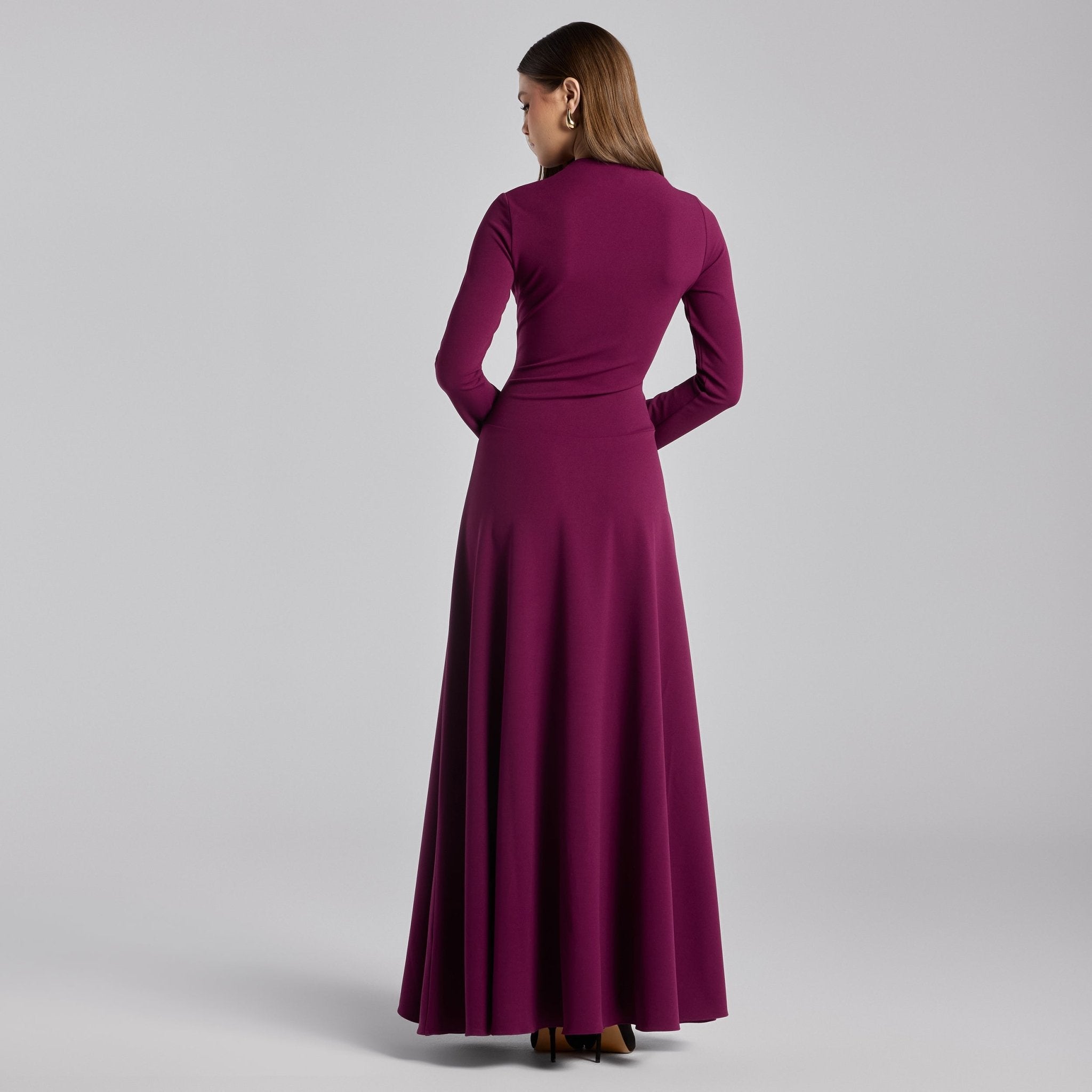 Purple Crepe Draped Asymmetric Neck Maxi Dress - shopaleena