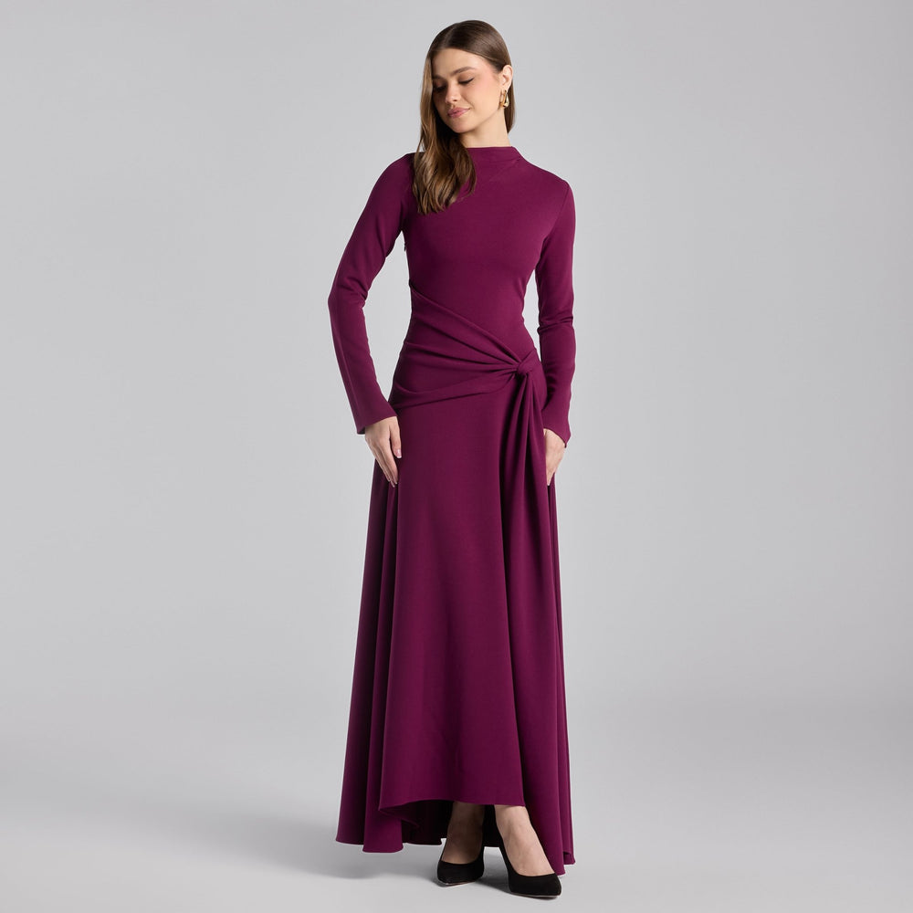 Purple Crepe Draped Asymmetric Neck Maxi Dress - shopaleena