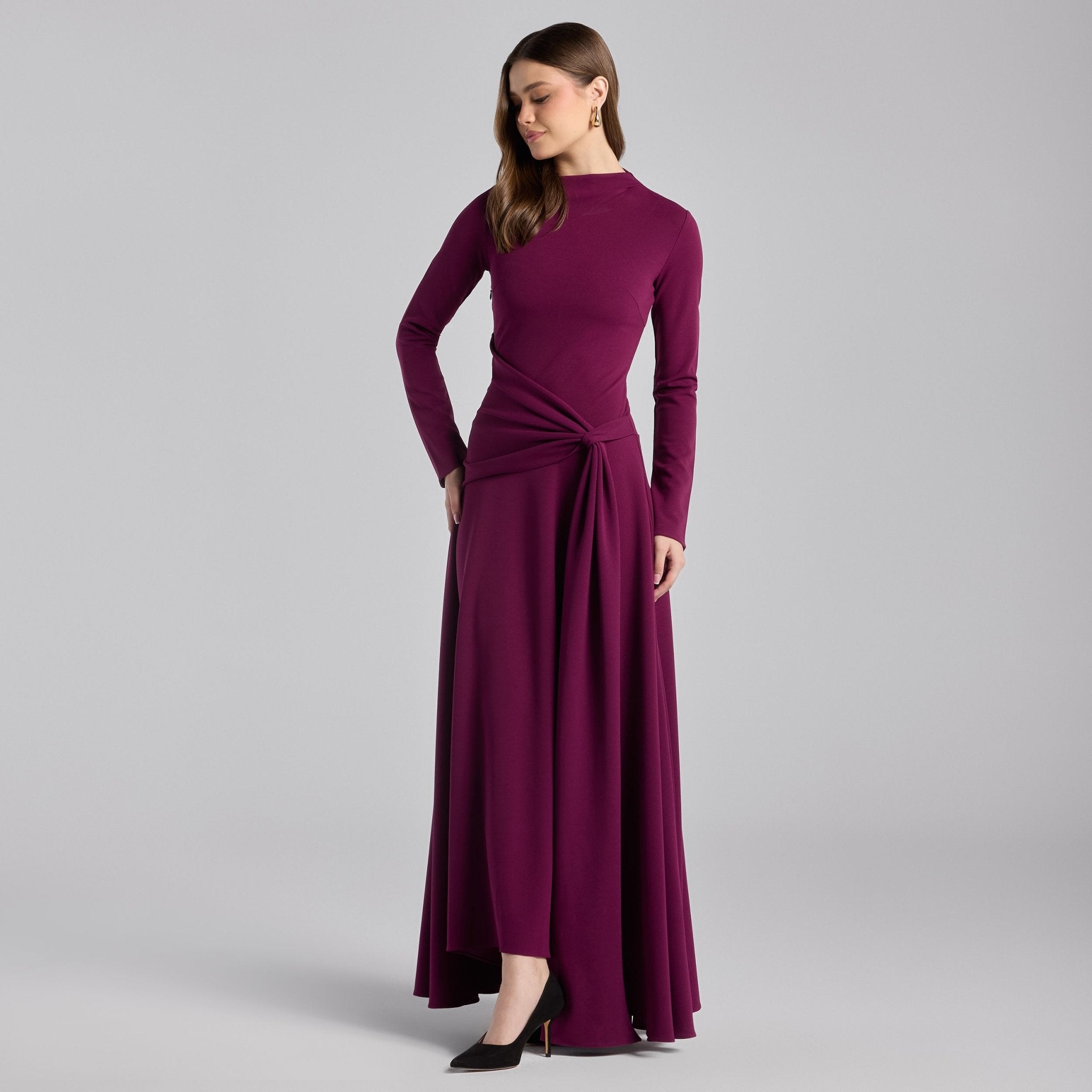 Purple Crepe Draped Asymmetric Neck Maxi Dress - shopaleena
