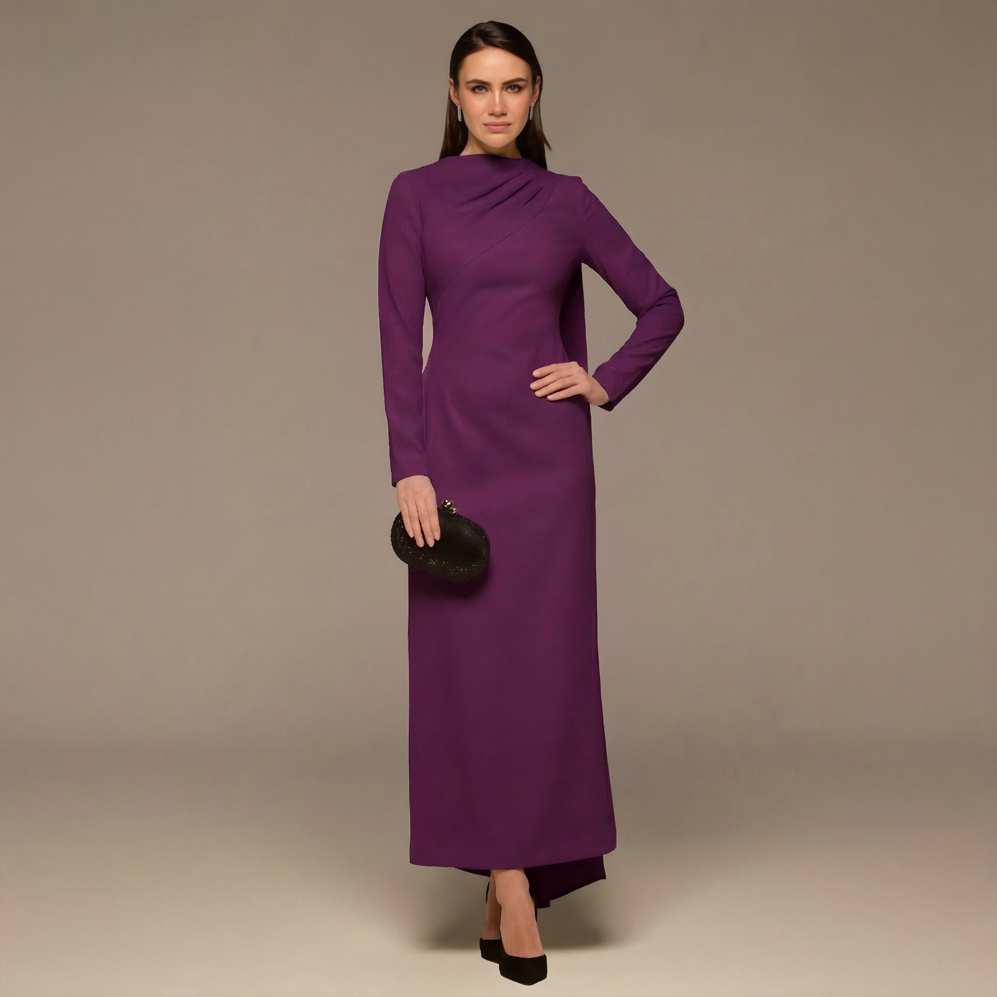 Purple Crepe Draped Dress with Scarf - shopaleena